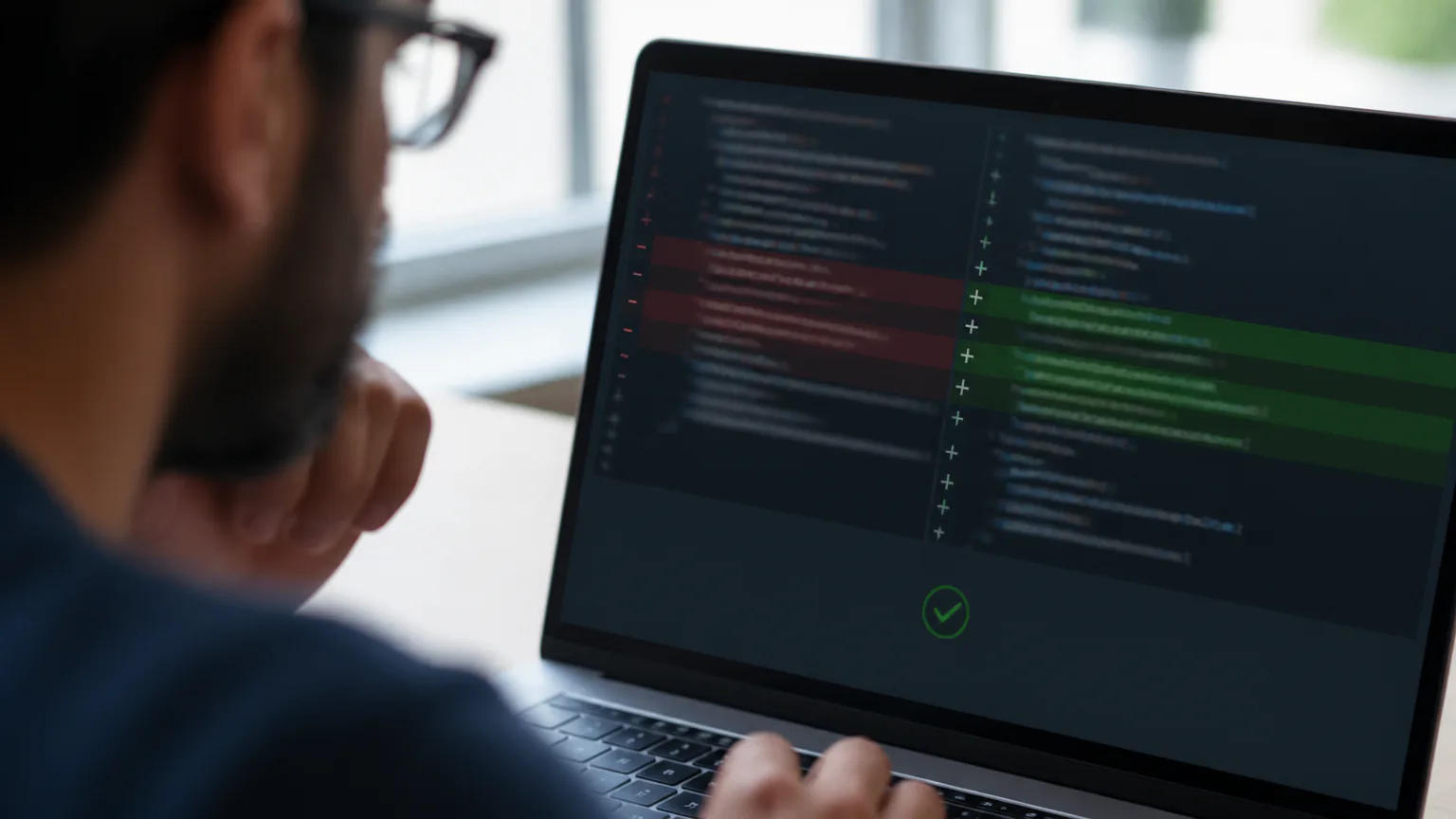 Gemini 4 Carbon Developer reviewing code changes on a laptop